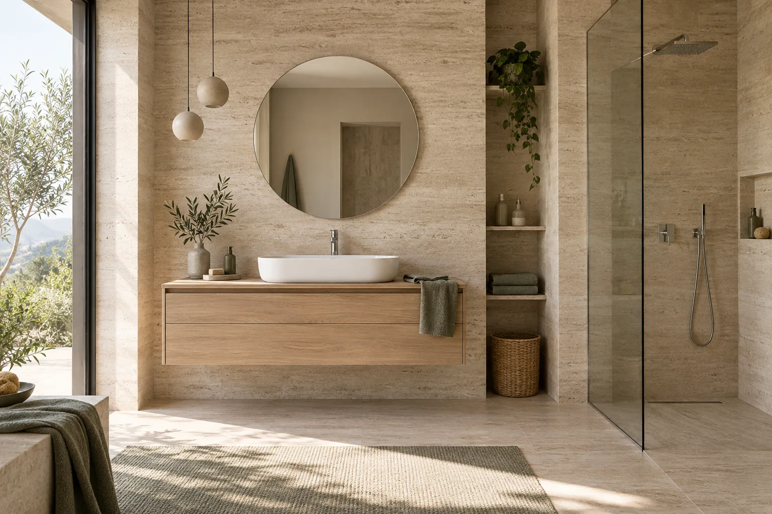 Ambiente bagno d’ispirazione con legno naturale, pietra chiara e luce morbida
